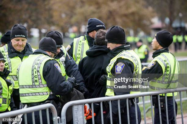 Counter-protester of an Alt-Right organized free speech event on the Boston Common is arrested on November 18, 2017 in Boston, Massachusetts. The...