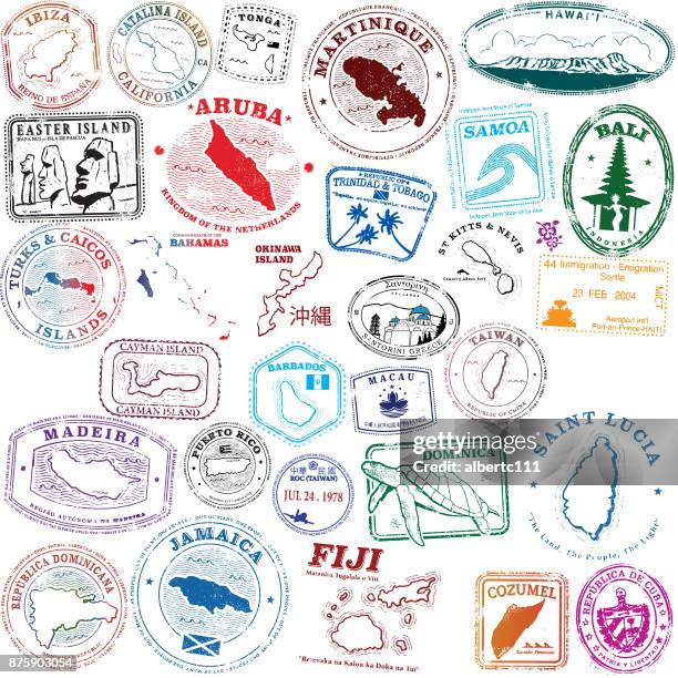 ilustraciones, imágenes clip art, dibujos animados e iconos de stock de estampillas de isla tropical - hawaii islands