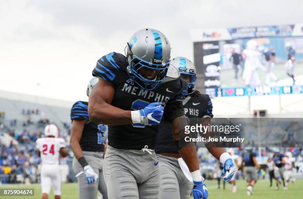 Anthony Miller of the Memphis Tigers celebrates a touchdown against the SMU Mustangs on November 18, 2017 at Liberty Bowl Memorial Stadium in...