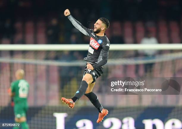 Lorenzo Insigne of SSC Napoli celebrates after scoring 1-0 goal during the Serie A match between SSC Napoli and AC Milan at Stadio San Paolo on...