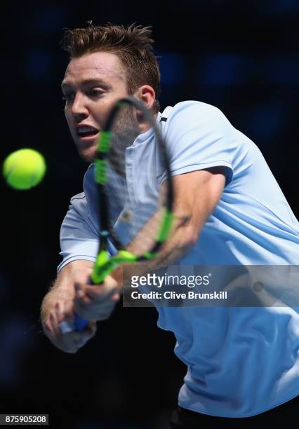 Jack Sock of the United States plays a backhand in his semi final match against Grigor Dimitrov of Bulgaria at the Nitto ATP World Tour Finals at O2...