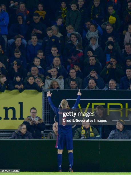 Donny van de Beek of Ajax celebrates 0-3 during the Dutch Eredivisie match between NAC Breda v Ajax at the Rat Verlegh Stadium on November 18, 2017...