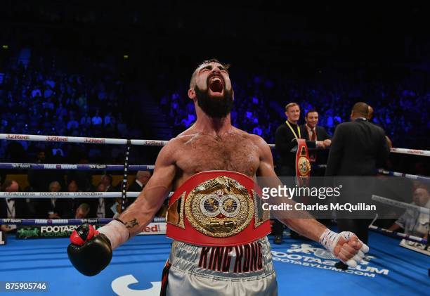 Jono Carroll celebrates after defeating Humberto De Santiago following their vacant IBF Super-Featherweight Championship fight on the Frampton Reborn...