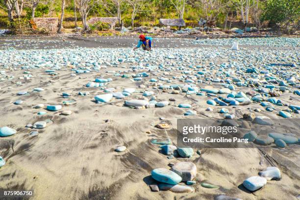 collecting blue stones for exports in flores indonesia. - caroline pang bildbanksfoton och bilder