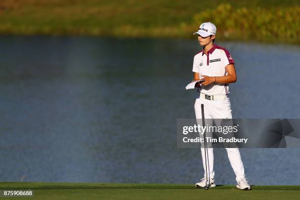 Sung Hyun Park of Korea stands on the 18th green during round three of the CME Group Tour Championship at the Tiburon Golf Club on November 18, 2017...