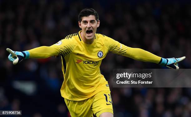 Thibaut Courtois of Chelsea celebrates his side's second goal during the Premier League match between West Bromwich Albion and Chelsea at The...