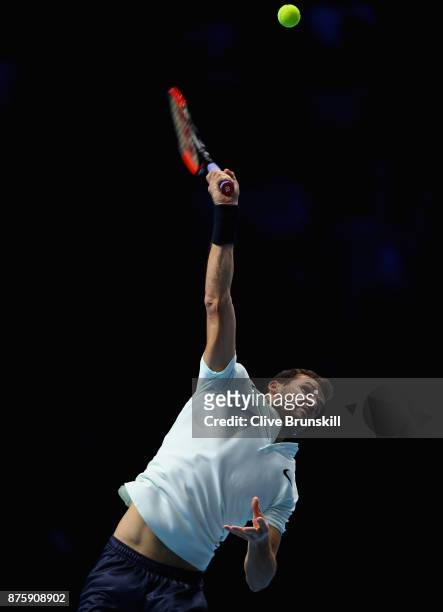 Grigor Dimitrov of Bulgaria serves in his semi final match against Jack Sock of the United States the Nitto ATP Finals at O2 Arena on November 18,...