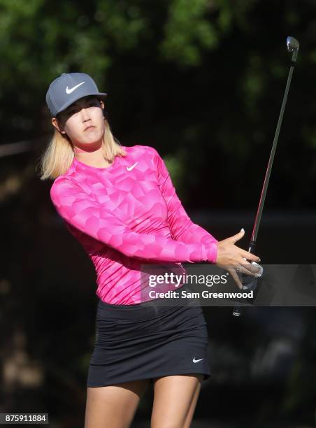 Michelle Wie of the United States plays a shot on the first hole during round three of the CME Group Tour Championship at the Tiburon Golf Club on...