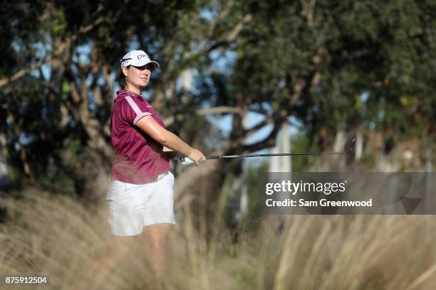 Caroline Masson of Germany plays her shot from the 18th tee during round three of the CME Group Tour Championship at the Tiburon Golf Club on...