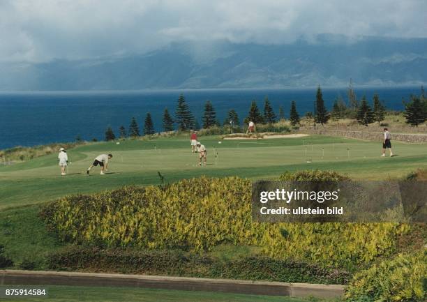Golfspieler auf dem Plantation Course im Kapaluha Golf Club, eine Golfanlage auf Maui. Der Golfplatz ist oberhalb des Pazifiks angelegt, im...