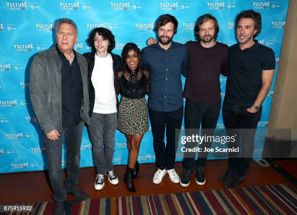 Paul Reiser, Finn Wolfhard, Linnea Berthelsen, Matt Duffer, Ross Duffer, and Shawn Levy attend 'Stranger Things: The Final Season' panel during...