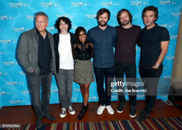 Paul Reiser, Finn Wolfhard, Linnea Berthelsen, Matt Duffer, Ross Duffer, and Shawn Levy attend 'Stranger Things: The Final Season' panel during...