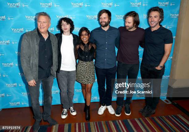 Paul Reiser, Finn Wolfhard, Linnea Berthelsen, Matt Duffer, Ross Duffer, and Shawn Levy attend 'Stranger Things: The Final Season' panel during...