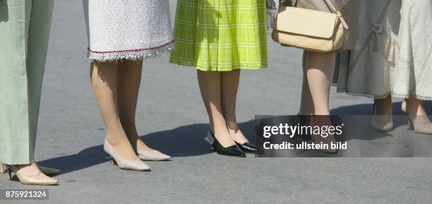 Russland, St. Petersburg: G 8 Gipfel - Damenprogramm auf der Insel Strelna, Gruppenfoto: v.l.: Laura Bush, Bernadette Chirac, Margarida Sousa Uva ,...