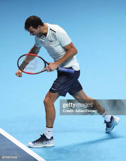 Grigor Dimitrov of Bulgaria celebrates victory in his Singles Semi Final match against Jack Sock of the United States during day seven of the Nitto...