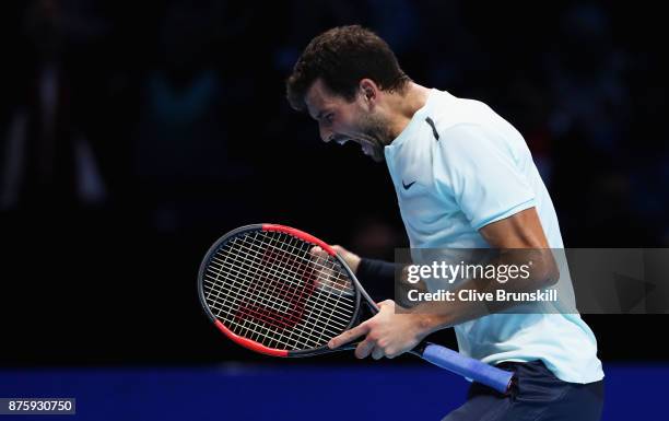 Grigor Dimitrov of Bulgaria celebrates match point against Jack Sock of the United States in their semi final match at the Nitto ATP Finals at O2...