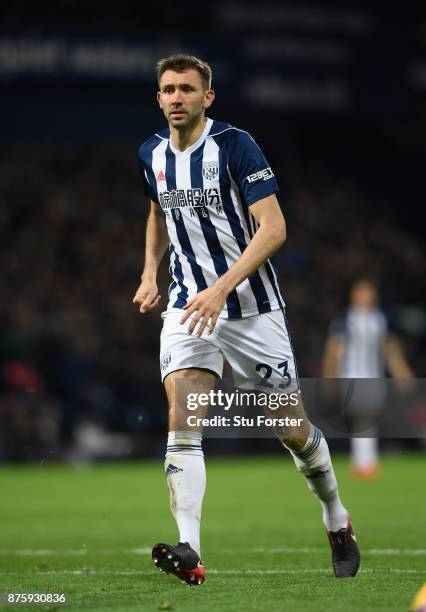 Gareth McAuley of WBA in action during the Premier League match between West Bromwich Albion and Chelsea at The Hawthorns on November 18, 2017 in...