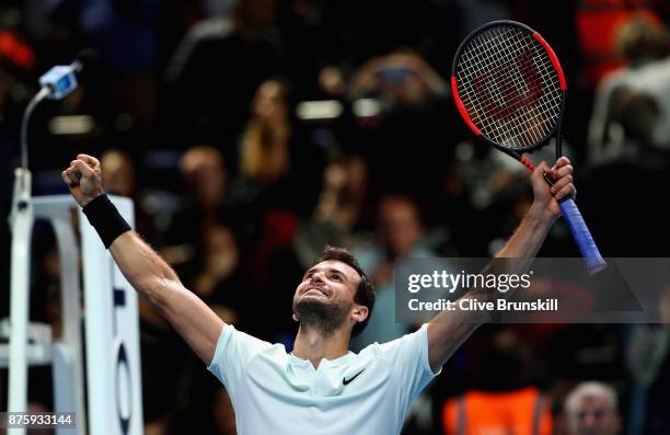 Grigor Dimitrov of Bulgaria celebrates to the crowd after his three set victory against Jack Sock of the United States in their semi final match at...