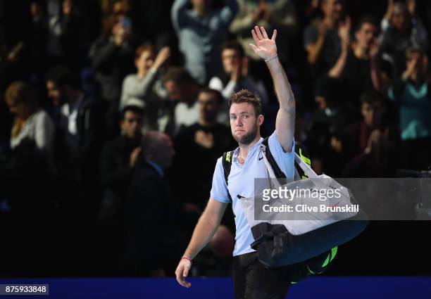 Jack Sock of the United States waves goodbye to the crowd after his three set defeat in his semi final match by Grigor Dimitrov of Bulgaria at the...