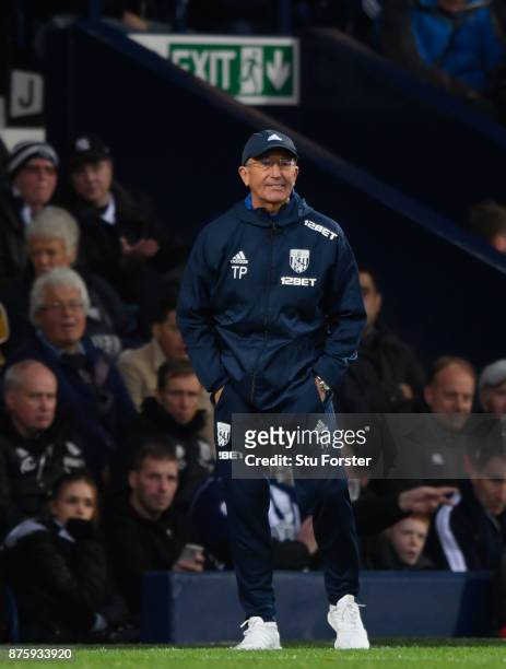 Manager Tony Pulis reacts during the Premier League match between West Bromwich Albion and Chelsea at The Hawthorns on November 18, 2017 in West...