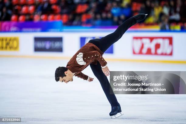 Javier Fernandez of Spain competes in the Men's Free Skating during day two of the ISU Grand Prix of Figure Skating at Polesud Ice Skating Rink on...