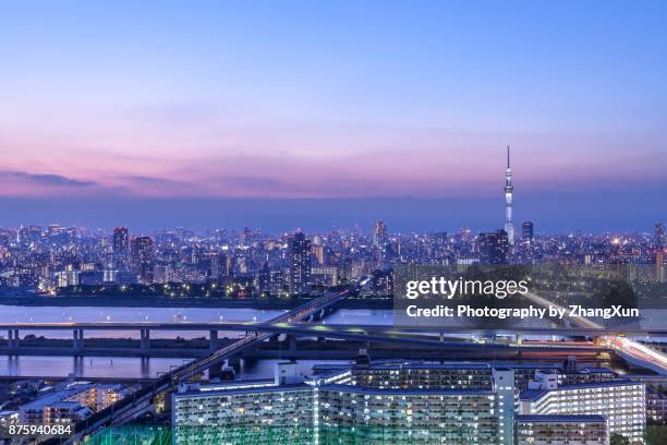 tokyo skyline at night. - sumidafloden bildbanksfoton och bilder