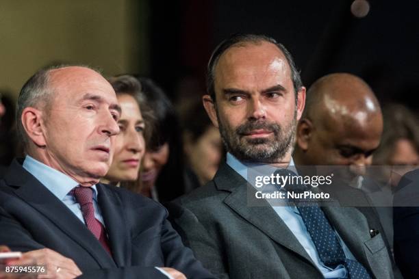 Gérard Collomb and Edouard Philippe at the meeting during the council of the Republic on the Move party at Eurexpo Lyon, France on November 18, 2017....