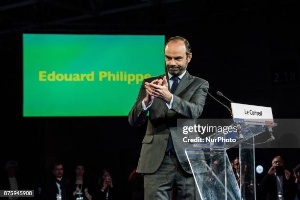 Edouard Philippe give a speech during the council of the Republic on the Move party at Eurexpo Lyon, France on November 18, 2017. Christophe Castaner...