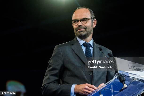 Edouard Philippe give a speech during the council of the Republic on the Move party at Eurexpo Lyon, France on November 18, 2017. Christophe Castaner...