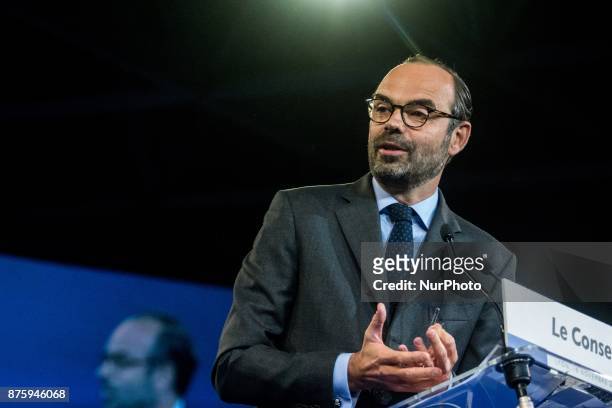 Edouard Philippe give a speech during the council of the Republic on the Move party at Eurexpo Lyon, France on November 18, 2017. Christophe Castaner...