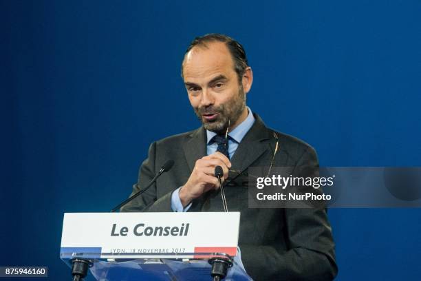 Edouard Philippe give a speech during the council of the Republic on the Move party at Eurexpo Lyon, France on November 18, 2017. Christophe Castaner...