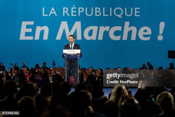 Christophe Castaner give a speech at the meeting. During the council of the Republic on the Move party at Eurexpo Lyon, France on November 18, 2017....