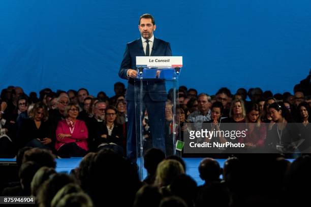 Christophe Castaner give a speech at the meeting. During the council of the Republic on the Move party at Eurexpo Lyon, France on November 18, 2017....
