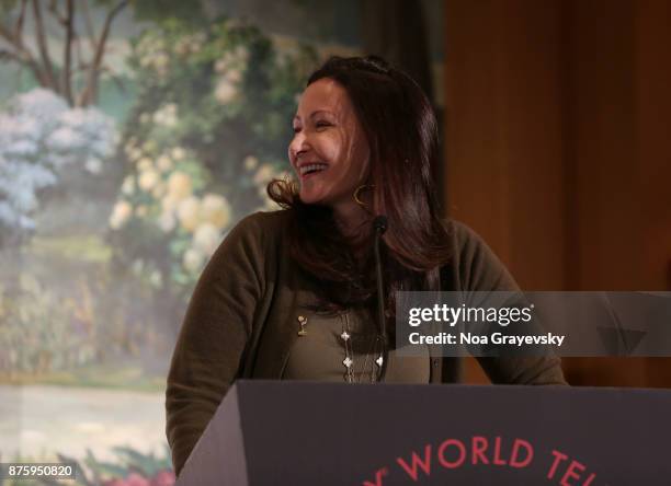 Camille Bidermann of International Emmys speaks on stage during the Nominee Medal Ceremony, JCSI Young Creatives Award Presentation at Sofitel Hotel...