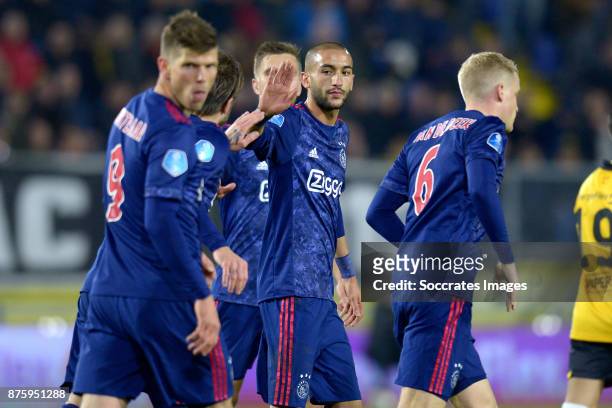Lasse Schone of Ajax celebrates 0-6 with Klaas Jan Huntelaar of Ajax, Hakim Ziyech of Ajax, Joel Veltman of Ajax, Donny van de Beek of Ajax during...
