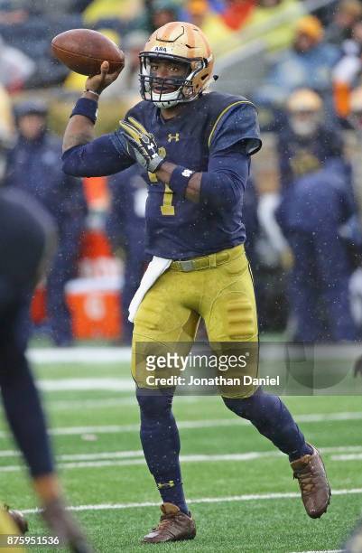 Brandon Wimbush of the Notre Dame Fighting Irish passes against the Navy Midshipmen at Notre Dame Stadium on November 18, 2017 in South Bend, Indiana.