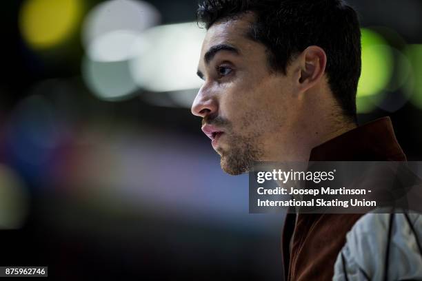 Javier Fernandez of Spain looks on in the Men's Free Skating during day two of the ISU Grand Prix of Figure Skating at Polesud Ice Skating Rink on...