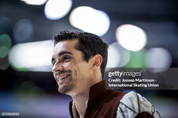 Javier Fernandez of Spain looks on in the Men's Free Skating during day two of the ISU Grand Prix of Figure Skating at Polesud Ice Skating Rink on...