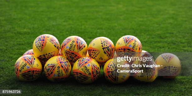 Close up of a group of yellow EFL Mitre Delta footballs prior to the Sky Bet League One match between Peterborough United and Blackpool at ABAX...