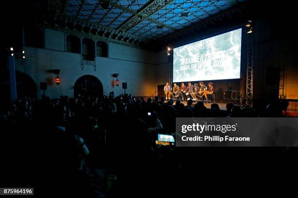 Moderator Jackson McHenry, actor Paul Reiser, writer/producer Matt Duffer, writer/producer Ross Duffer, actor Finn Wolfhard, producer Shawn Levy and...