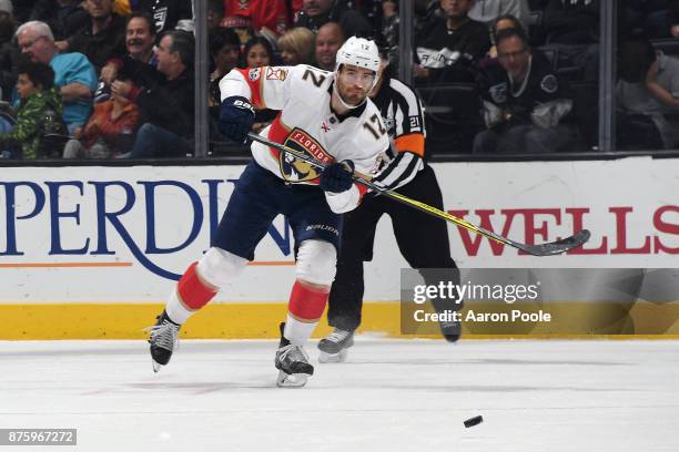 Ian McCoshen of the Florida Panthers passes the puck during a game against the Los Angeles Kings at STAPLES Center on November 18, 2017 in Los...