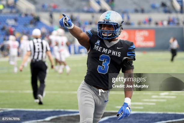Anthony Miller of the Memphis Tigers celebrates against the SMU Mustangs on November 18, 2017 at Liberty Bowl Memorial Stadium in Memphis, Tennessee....