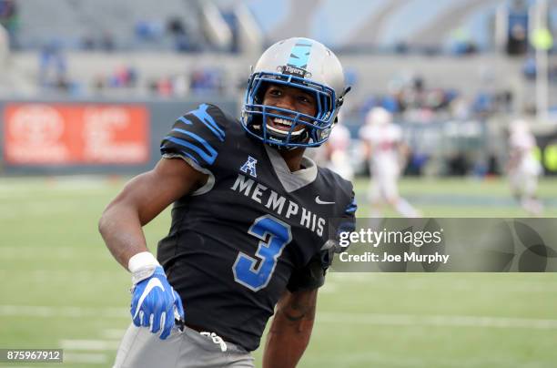 Anthony Miller of the Memphis Tigers celebrates against the SMU Mustangs on November 18, 2017 at Liberty Bowl Memorial Stadium in Memphis, Tennessee....