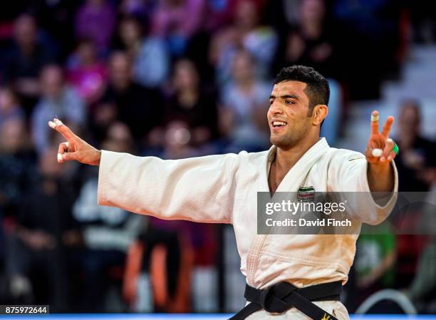 Saeid Mollaei of Iran celebrates winning the u81kg bronze medal during the The Hague Judo Grand Prix at the Sportcampus Zuiderpark on November 18,...