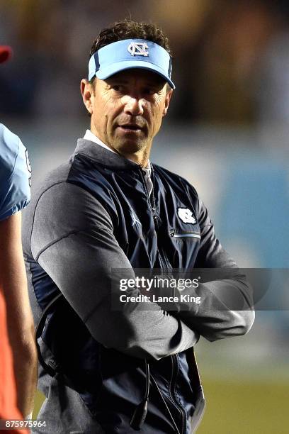 Head coach Larry Fedora of the North Carolina Tar Heels looks on during their game against the Western Carolina Catamounts at Kenan Stadium on...