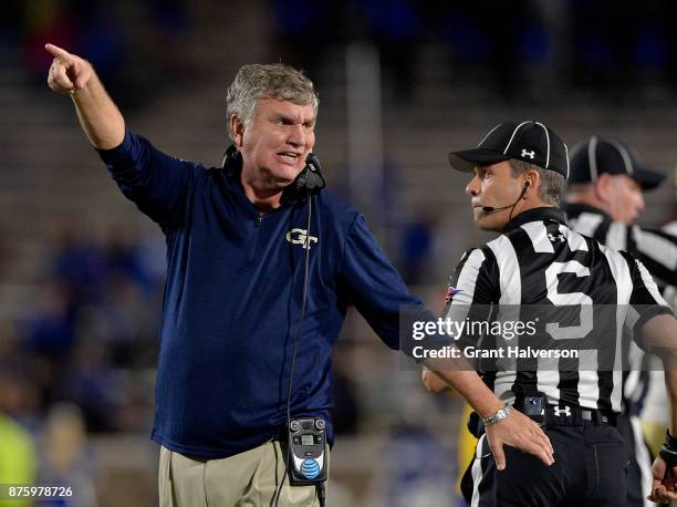 Head coach Paul Johnson of the Georgia Tech Yellow Jackets argues with the officials during their game against the Duke Blue Devils at Wallace Wade...