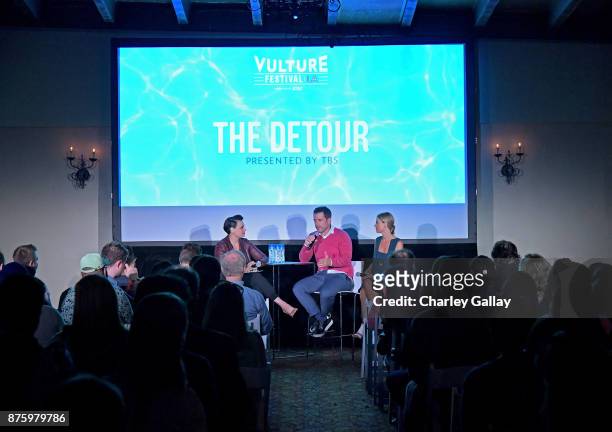 Journalist Stacey Wilson Hunt and actors Jason Jones and Natalie Zea speak onstage during 'The Detour' event, part of Vulture Festival LA Presented...