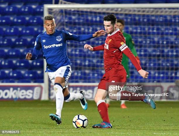 Corey Whelan of Liverpool and David Henen of Everton in action during the Liverpool v Everton Premier League 2 game at Prenton Park on November 18,...