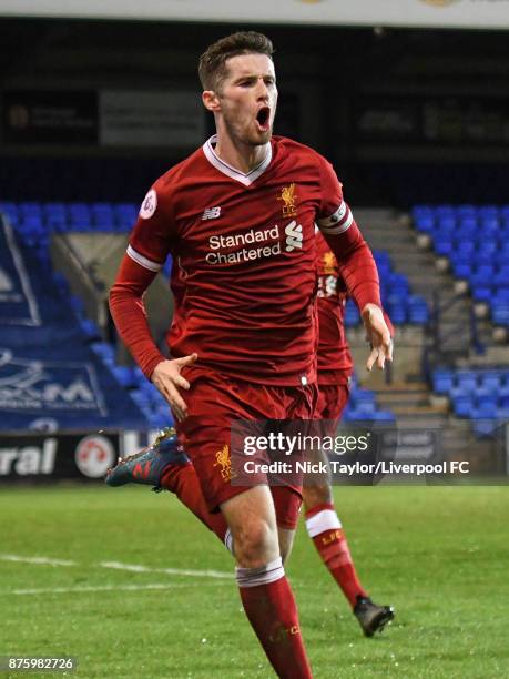 Corey Whelan of Liverpool celebrates scoring the second goal during the Liverpool v Everton Premier League 2 game at Prenton Park on November 18,...