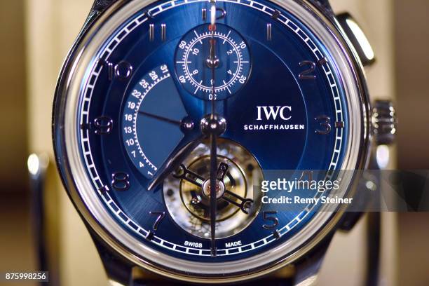 The IWC Portugieser Tourbillon Retrogarde Chronograph Edition 'Laureus Sport for Good Foundation' is on display at the 11th Laureus Charity Night at...